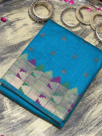 Blue Woven Booti Saree with Multicolor Checkered Pallu