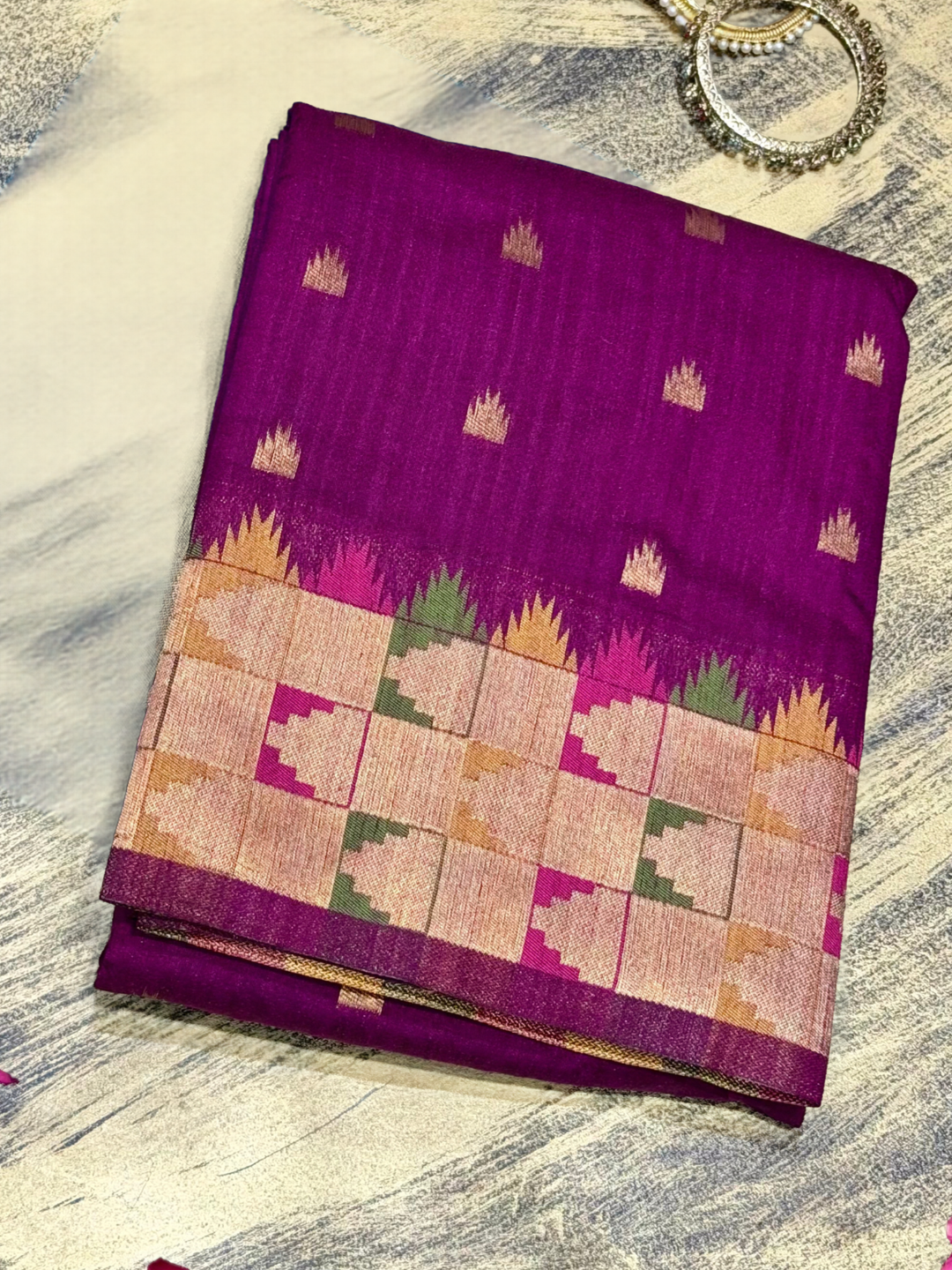 Wine Woven Booti Saree with Multicolor Checkered Pallu