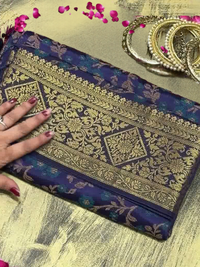 Navy Blue Zari Woven Floral Saree with Broad Border