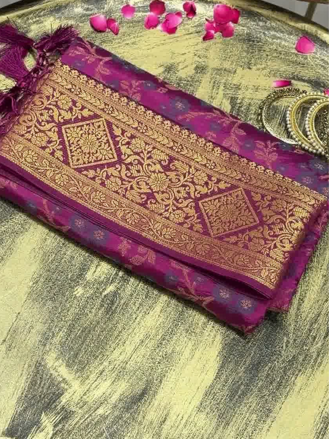 Purple Zari Woven Floral Saree with Broad Border