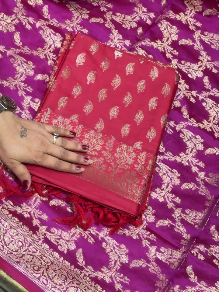 Red Zari Woven Booti Dress Material with Dupatta