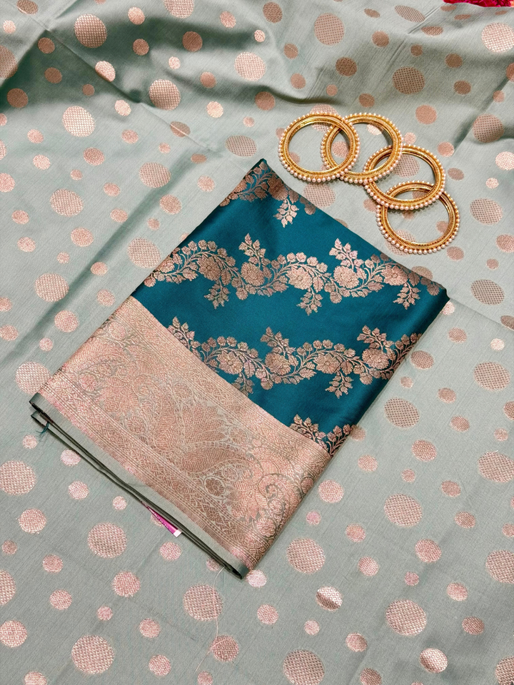 Teal Blue Zari Woven Floral Vine Dress Material with Sage Polka Dupatta