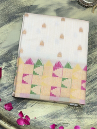 Ivory Woven Booti Saree with Multicolor Checkered Pallu