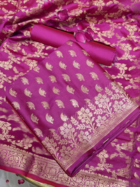 Rani Pink Zari Woven Booti Dress Material with Floral Border