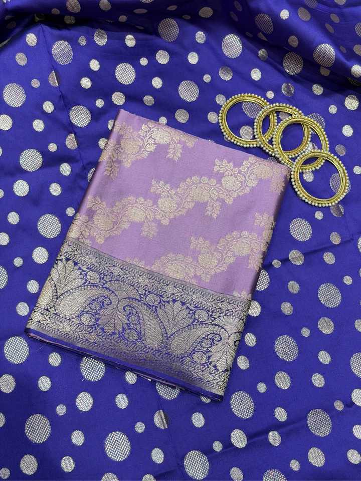 Lavender Zari Woven Floral Dress Material with Contrast Blue Polka Dupatta