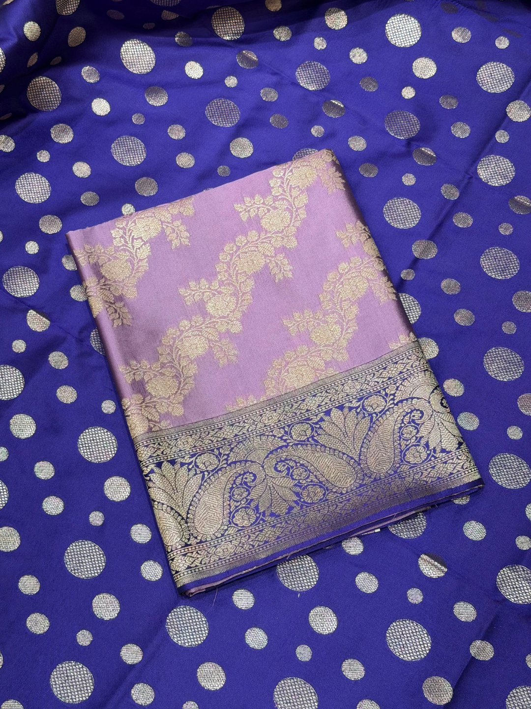 Lavender Zari Woven Floral Dress Material with Contrast Blue Polka Dupatta