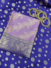 Lavender Zari Woven Floral Dress Material with Contrast Blue Polka Dupatta