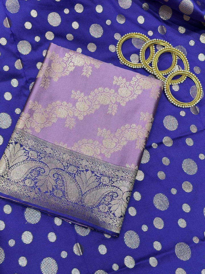 Lavender Zari Woven Floral Dress Material with Contrast Blue Polka Dupatta