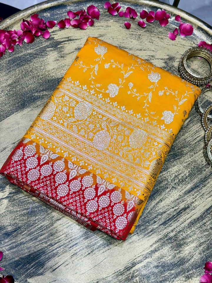 Mustard Yellow Zari Woven Floral Saree with Contrast Red Pallu