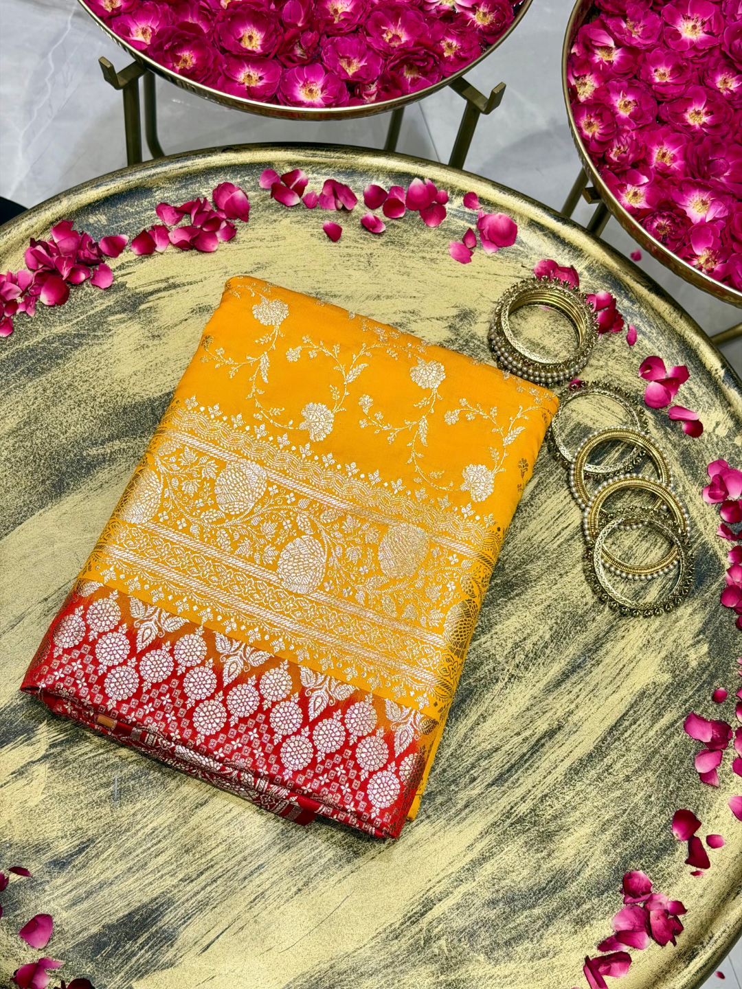 Mustard Yellow Zari Woven Floral Saree with Contrast Red Pallu