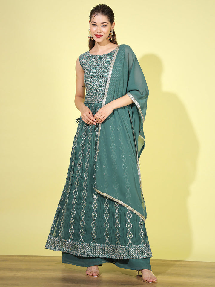 Teal Mirror Embellished Georgette Nyraa Suit with Flared Palazzo