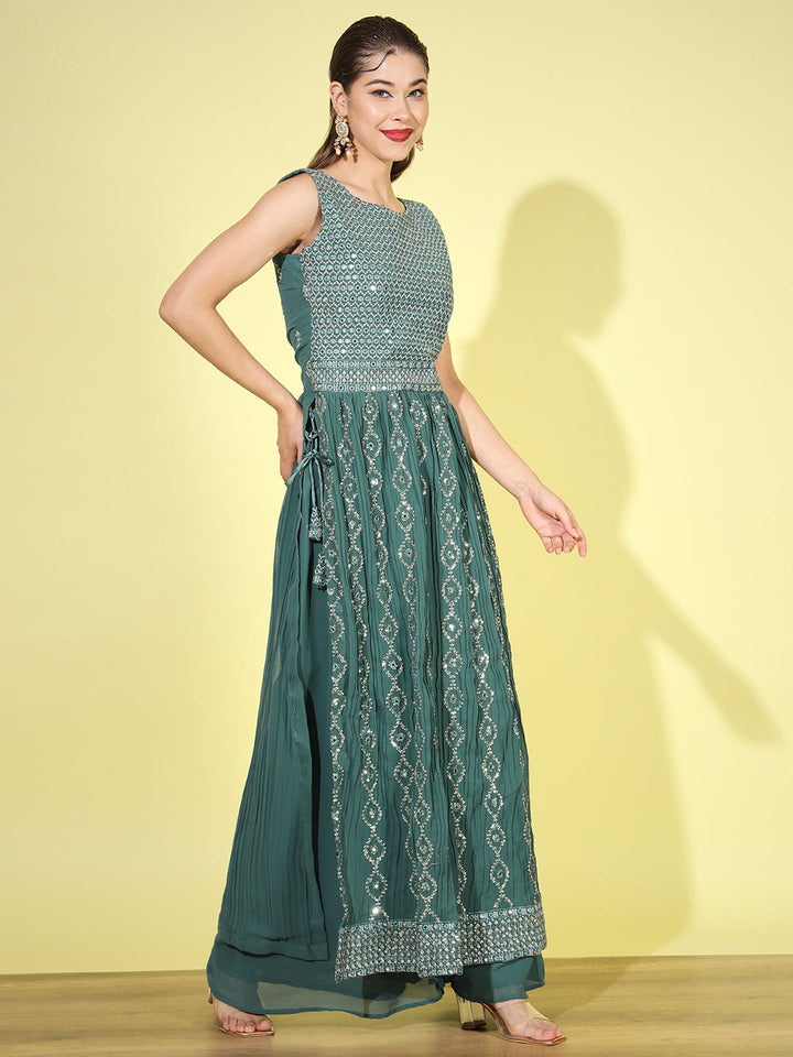 Teal Mirror Embellished Georgette Nyraa Suit with Flared Palazzo