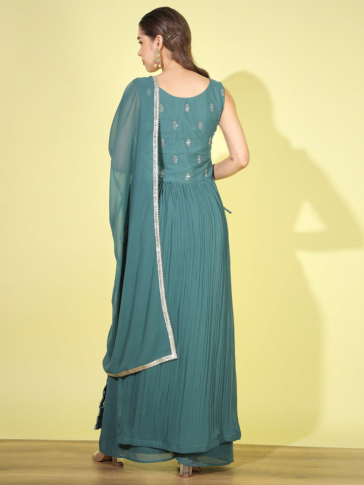 Teal Mirror Embellished Georgette Nyraa Suit with Flared Palazzo