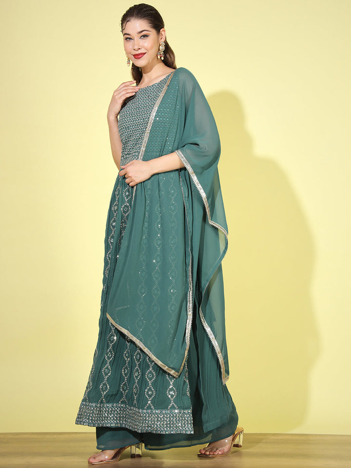 Teal Mirror Embellished Georgette Nyraa Suit with Flared Palazzo