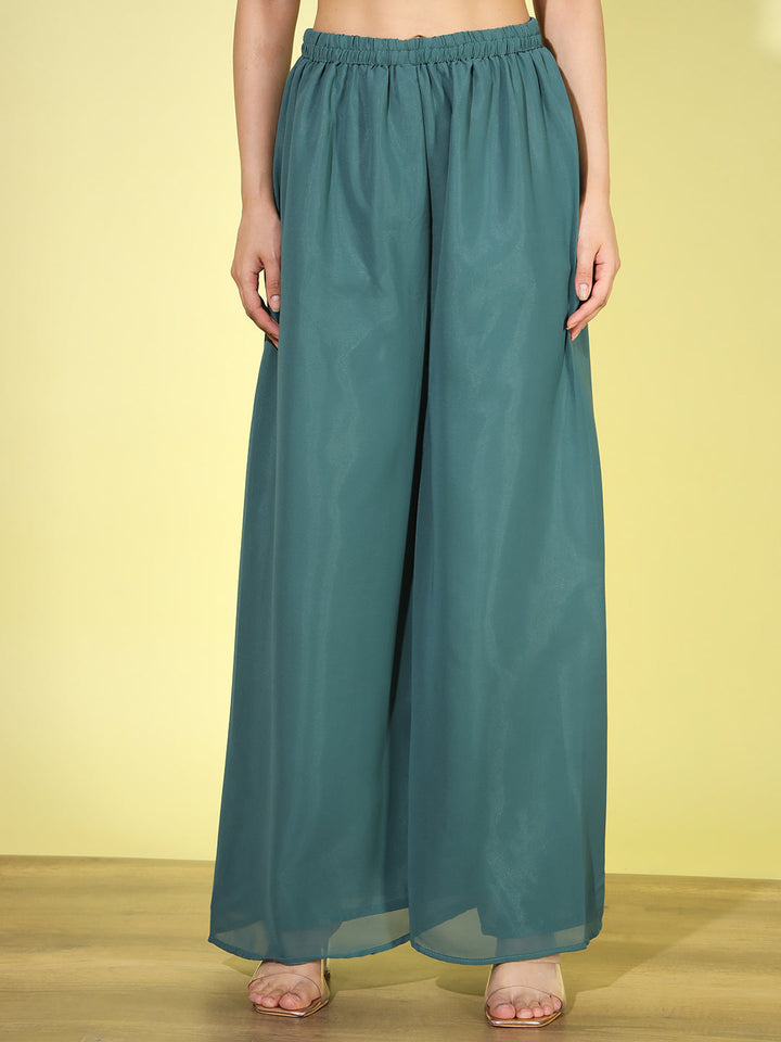 Teal Mirror Embellished Georgette Nyraa Suit with Flared Palazzo