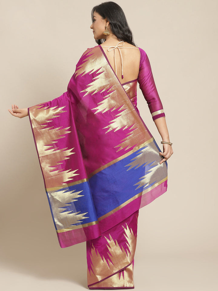 Banarasi Handloom Purple Saree with Gold Zari Temple Border & Contrast Blue Blouse