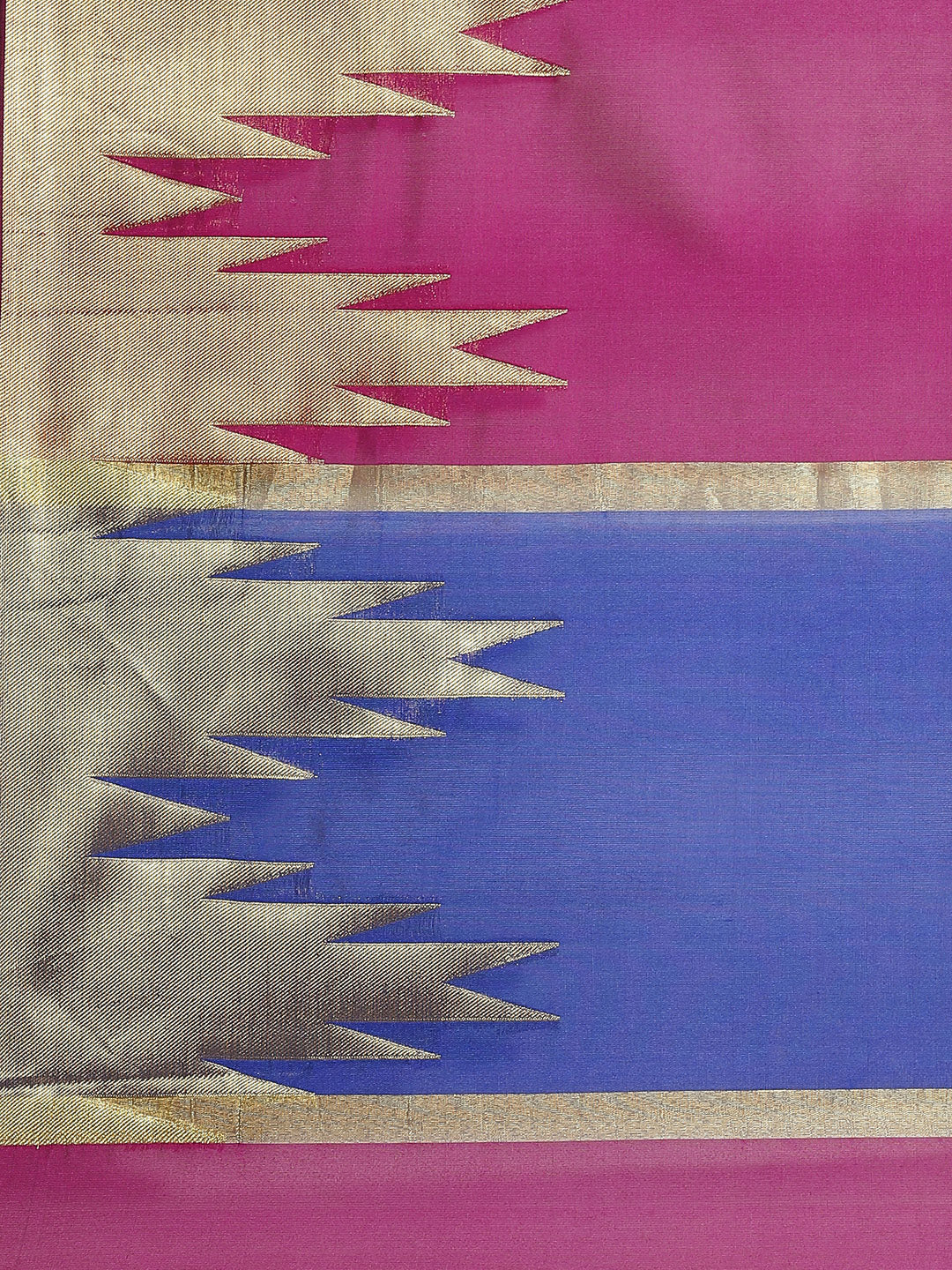 Banarasi Handloom Purple Saree with Gold Zari Temple Border & Contrast Blue Blouse