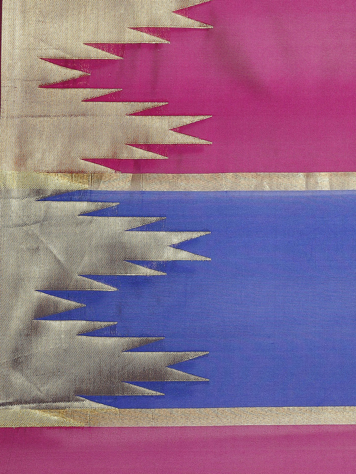 Banarasi Handloom Purple Saree with Gold Zari Temple Border & Contrast Blue Blouse