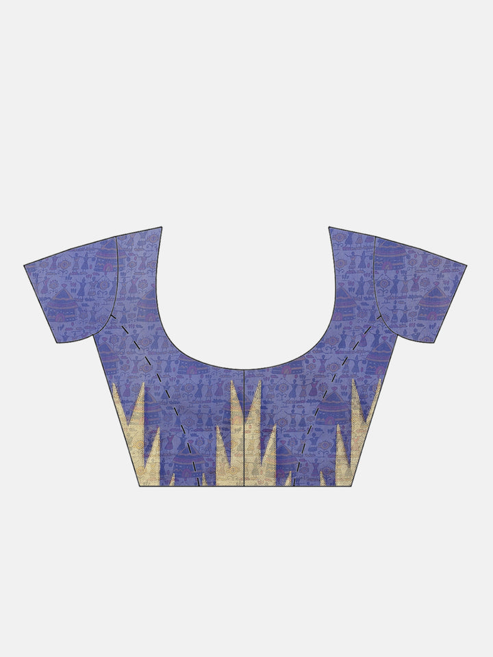 Banarasi Handloom Purple Saree with Gold Zari Temple Border & Contrast Blue Blouse