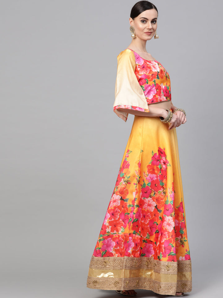 Digital Floral Print Lehenga with Zari Embroidered Gota Border