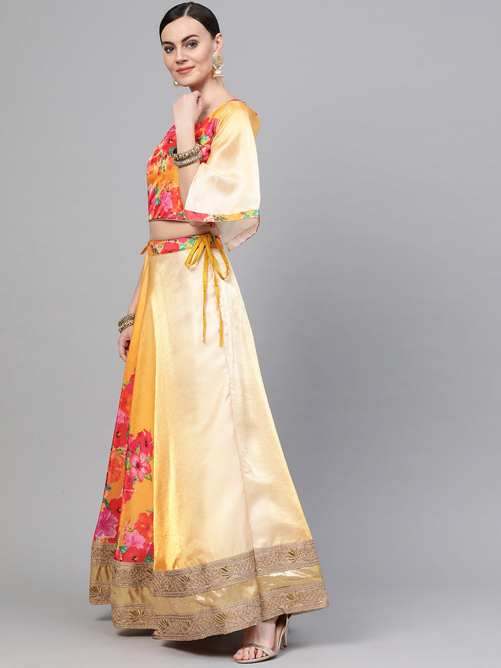 Digital Floral Print Lehenga with Zari Embroidered Gota Border