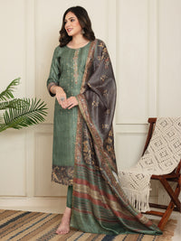 Jacquard Woven Kurta Pant Set with Mirror Embroidered Yoke & Digital Print Dupatta