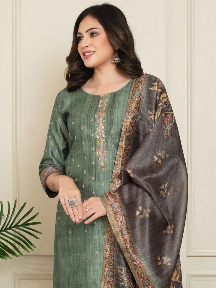 Jacquard Woven Kurta Pant Set with Mirror Embroidered Yoke & Digital Print Dupatta