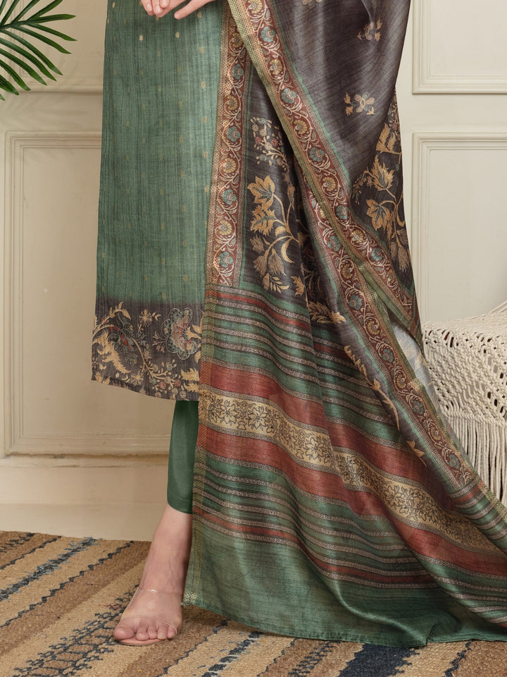 Jacquard Woven Kurta Pant Set with Mirror Embroidered Yoke & Digital Print Dupatta