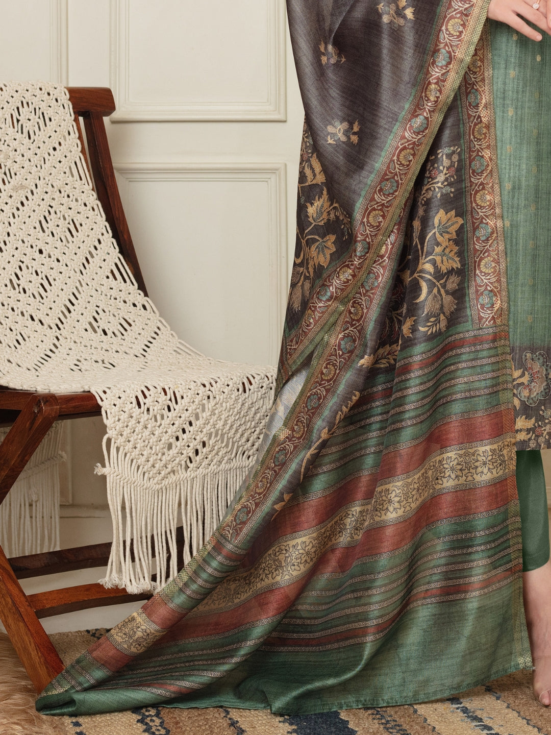 Jacquard Woven Kurta Pant Set with Mirror Embroidered Yoke & Digital Print Dupatta