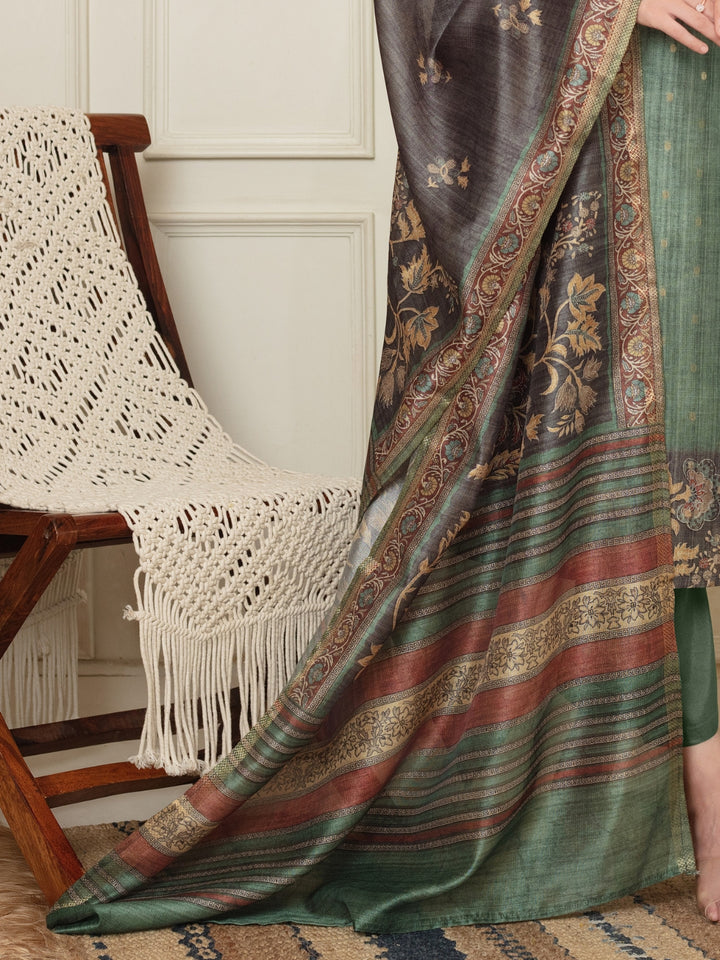 Jacquard Woven Kurta Pant Set with Mirror Embroidered Yoke & Digital Print Dupatta