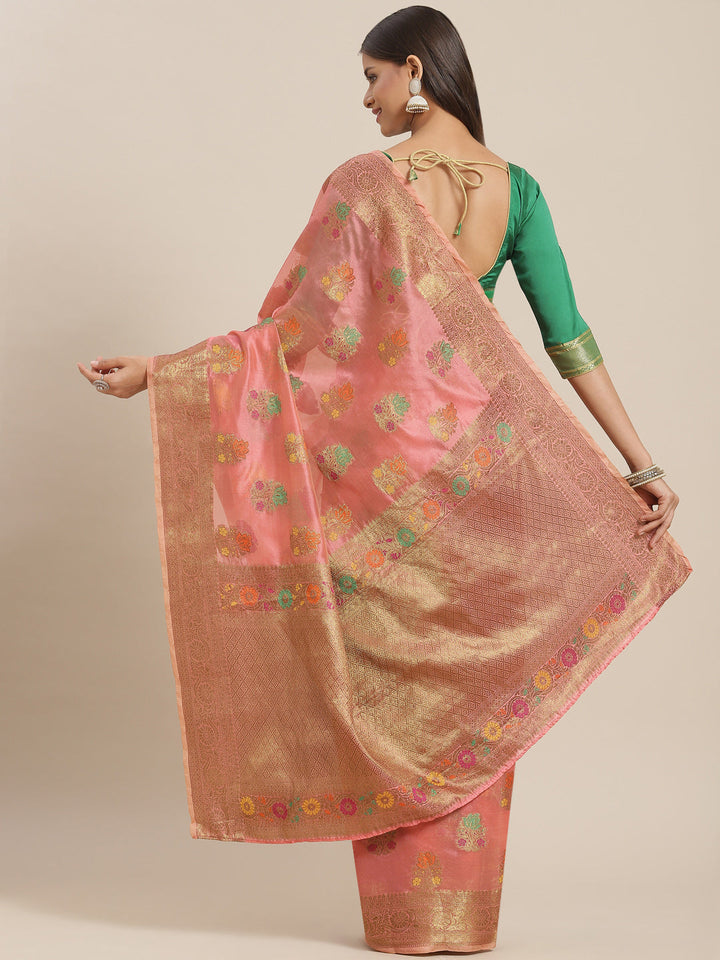 Pink Chanderi Brocade Traditional Saree with Meenakari Floral Motifs