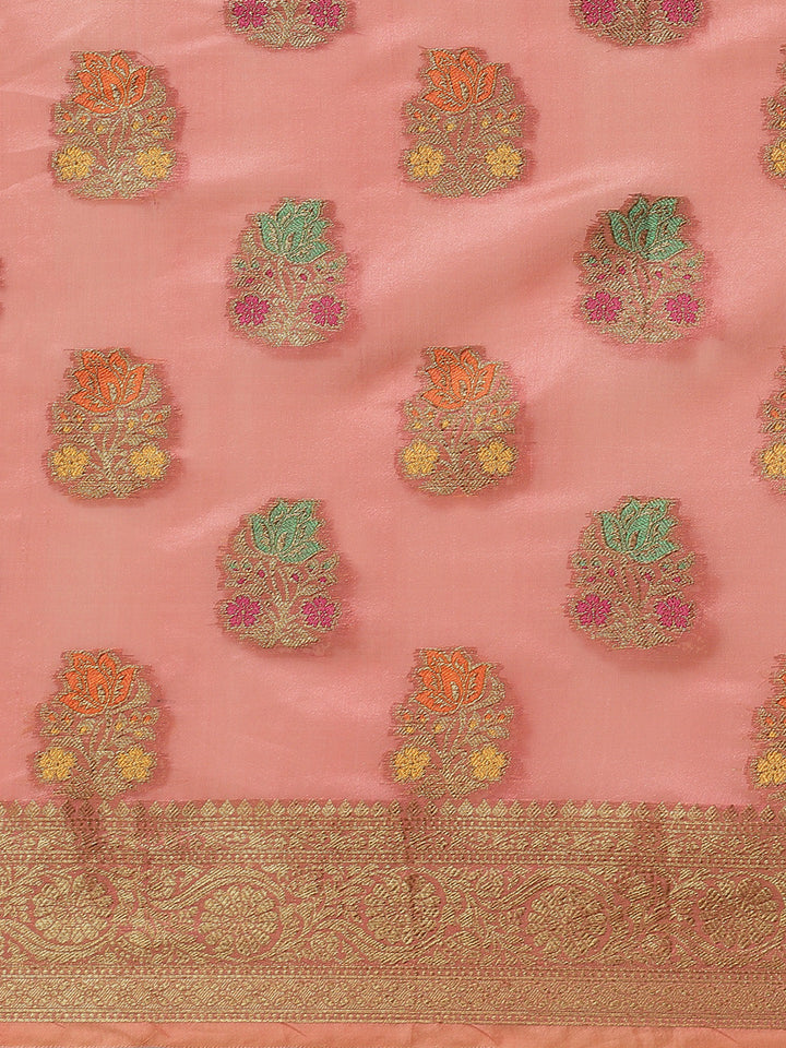 Pink Chanderi Brocade Traditional Saree with Meenakari Floral Motifs
