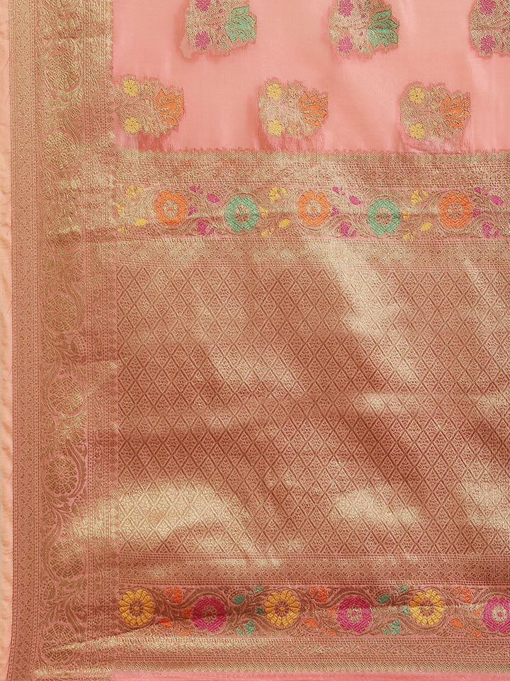 Pink Chanderi Brocade Traditional Saree with Meenakari Floral Motifs