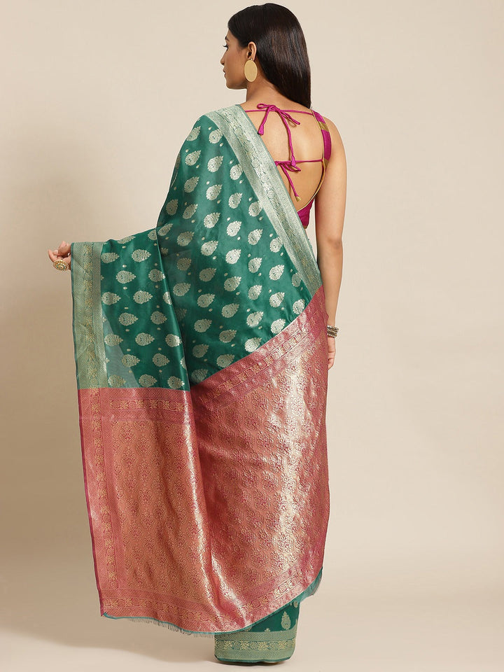 Teal Green Silk Blend Banarasi Traditional Saree With Contrast Pallu
