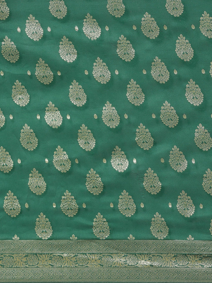 Teal Green Silk Blend Banarasi Traditional Saree With Contrast Pallu
