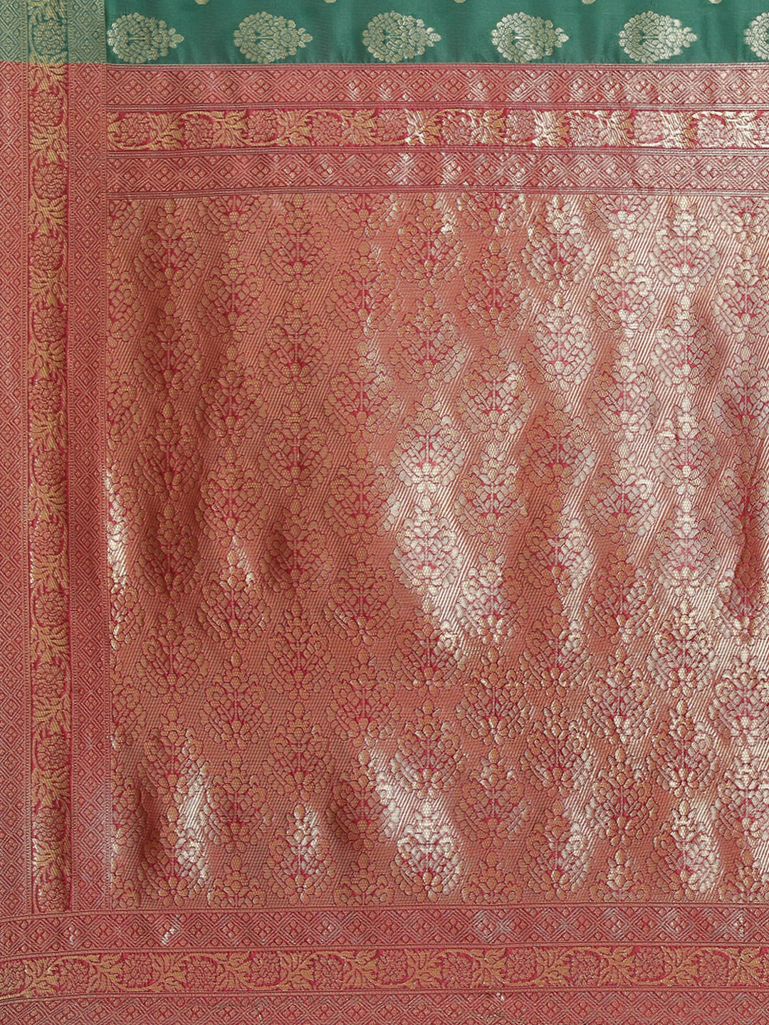 Teal Green Silk Blend Banarasi Traditional Saree With Contrast Pallu