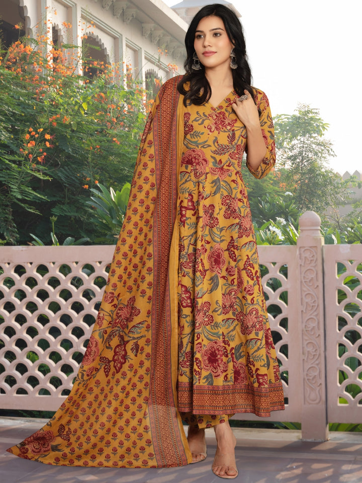 Floral Print Angrakha Summer Suit with Flared Hemline & Ajrak Print Dupatta