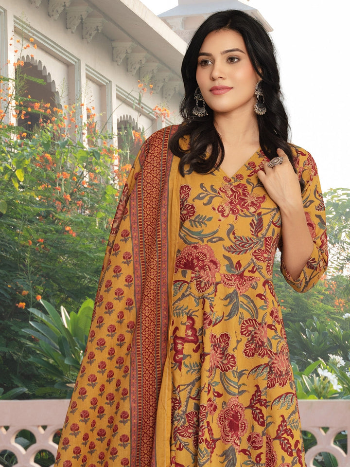 Floral Print Angrakha Summer Suit with Flared Hemline & Ajrak Print Dupatta