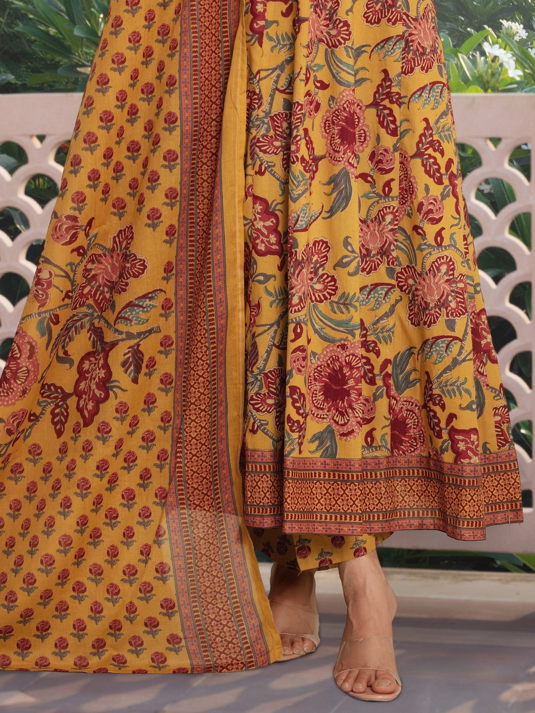 Floral Print Angrakha Summer Suit with Flared Hemline & Ajrak Print Dupatta