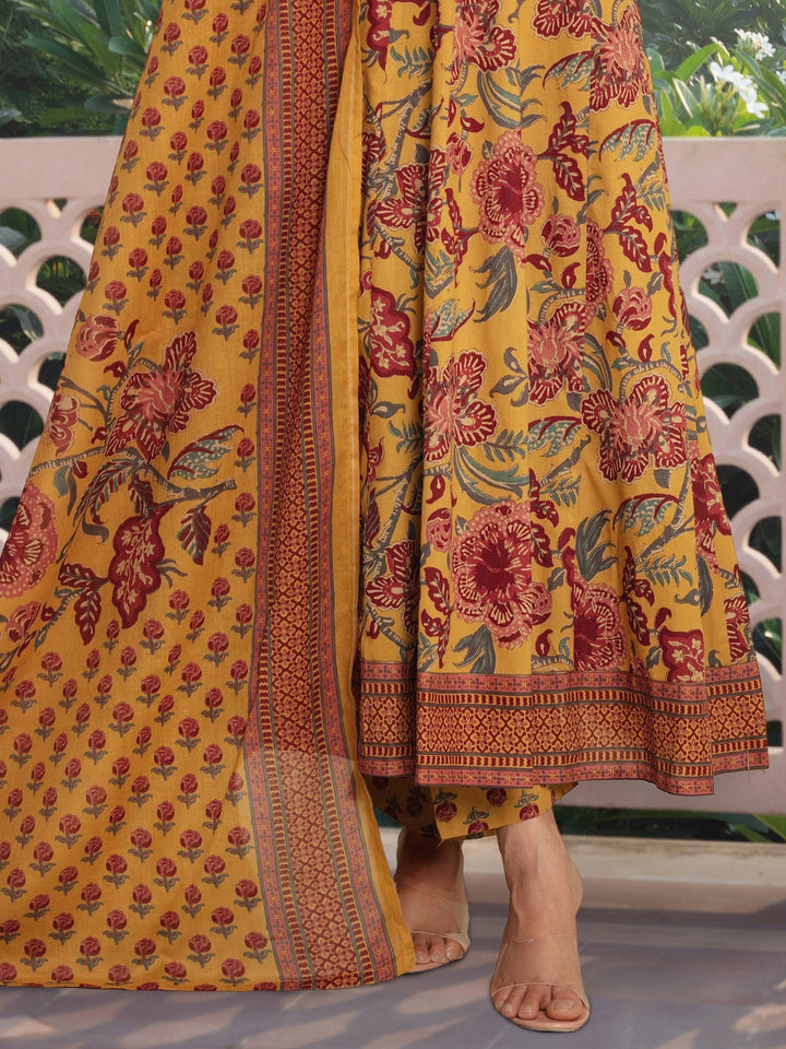Floral Print Angrakha Summer Suit with Flared Hemline & Ajrak Print Dupatta
