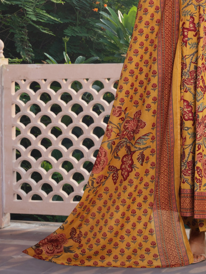 Floral Print Angrakha Summer Suit with Flared Hemline & Ajrak Print Dupatta