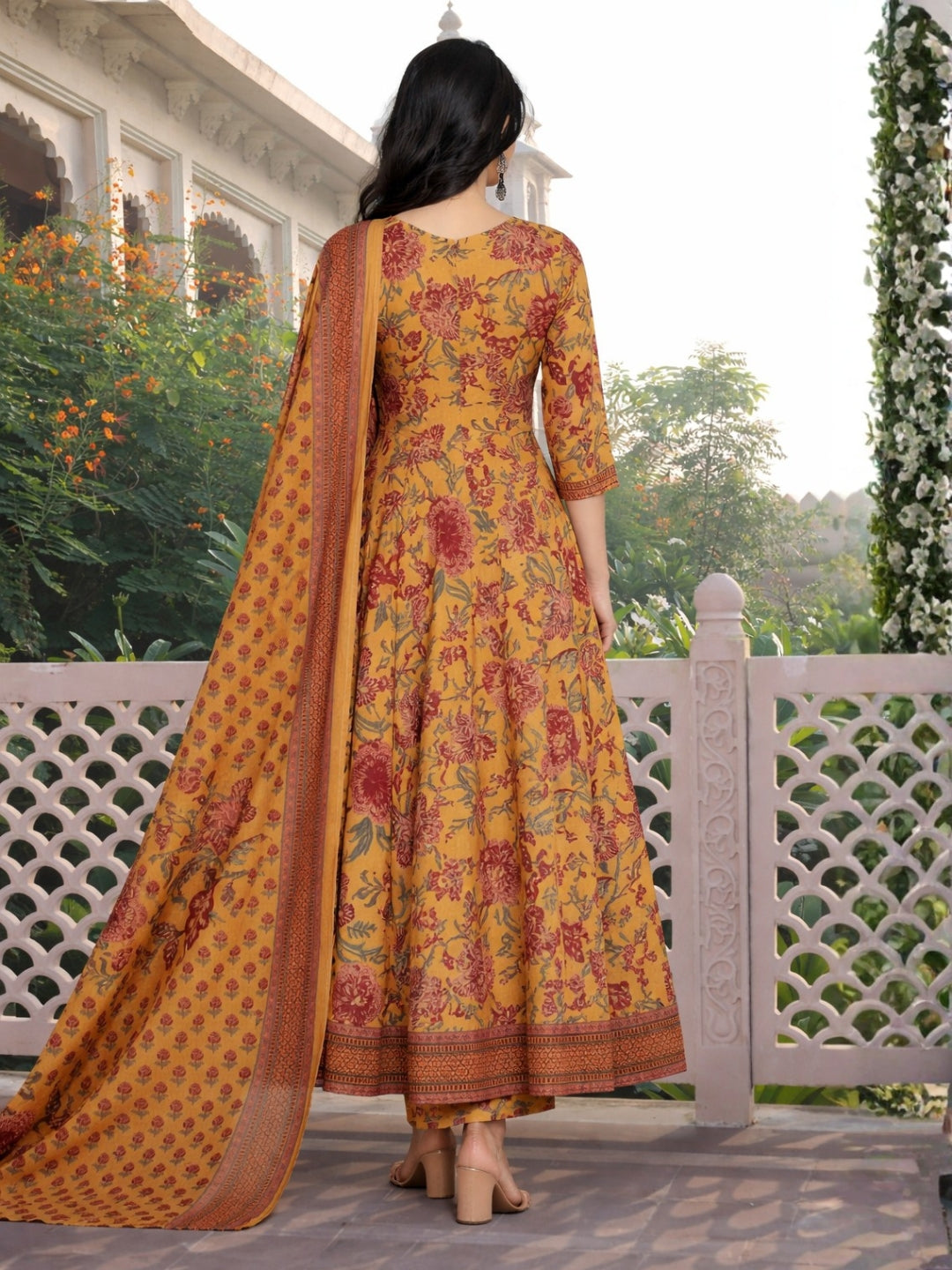 Floral Print Angrakha Summer Suit with Flared Hemline & Ajrak Print Dupatta