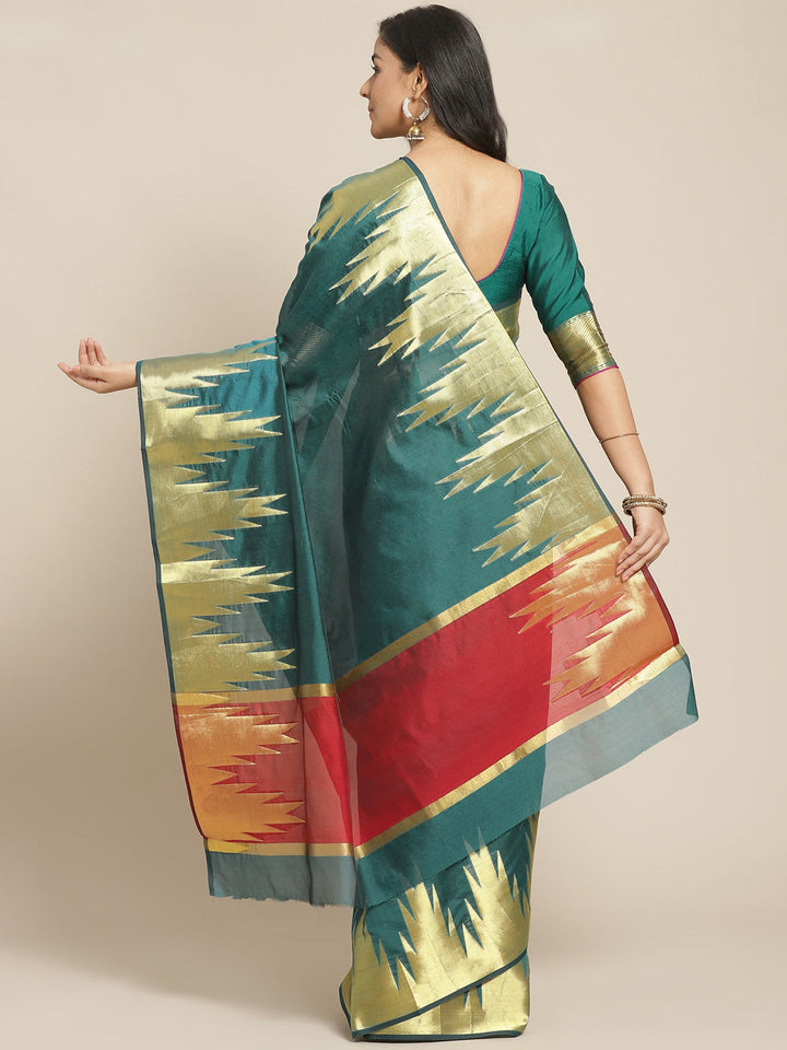 Banarasi Handloom Teal Saree with Gold Zari Temple Border & Contrast Maroon Blouse