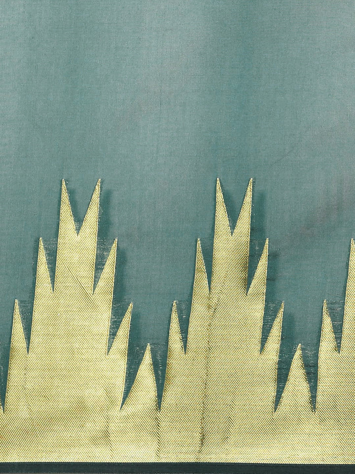 Banarasi Handloom Teal Saree with Gold Zari Temple Border & Contrast Maroon Blouse