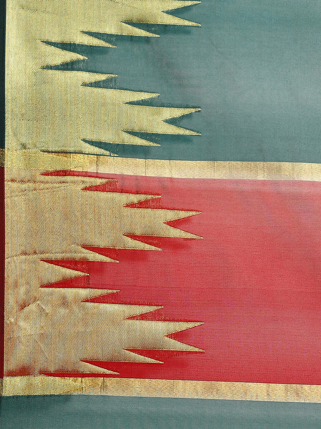 Banarasi Handloom Teal Saree with Gold Zari Temple Border & Contrast Maroon Blouse