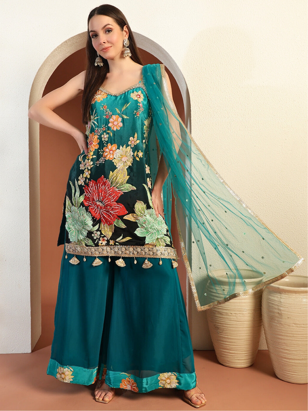 Chhabra 555 Digital Ombre Floral Print Kurta Set with Tasseled Hemline and Pearl Embellishments