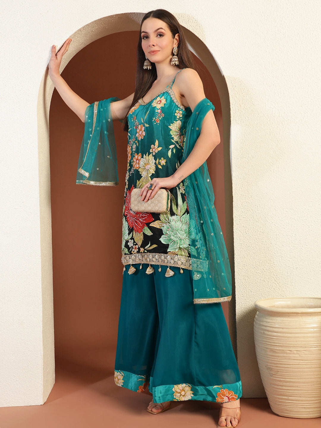 Digital Ombre Floral Print Kurta Set with Tasseled Hemline and Pearl Embellishments