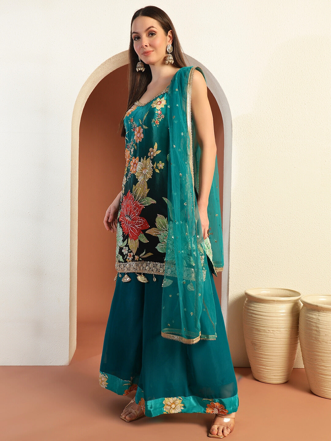 Digital Ombre Floral Print Kurta Set with Tasseled Hemline and Pearl Embellishments