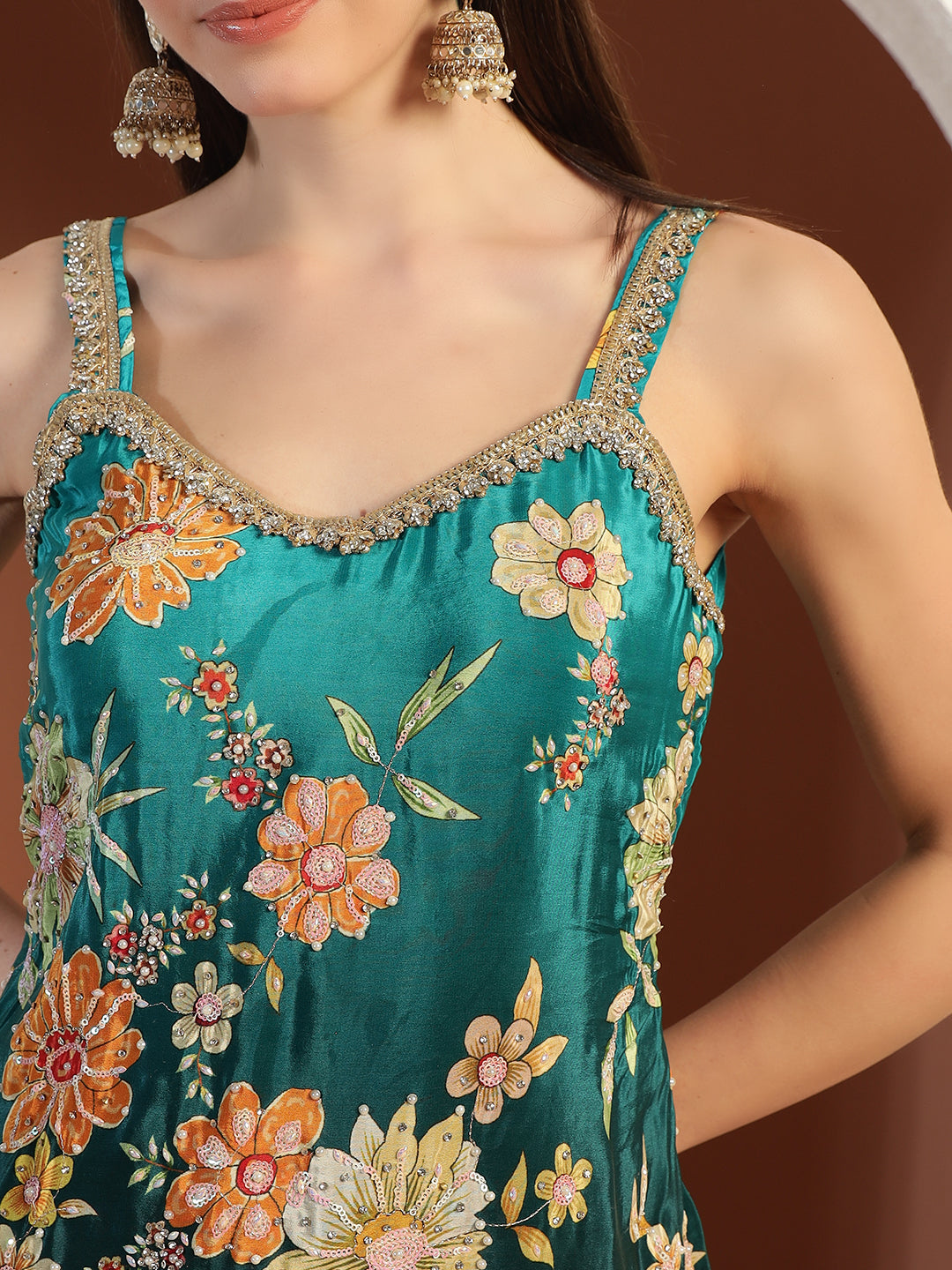 Digital Ombre Floral Print Kurta Set with Tasseled Hemline and Pearl Embellishments