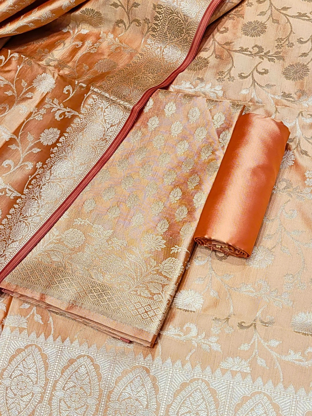 Chhabra 555 Two-toned Banarasi Silk Dress Material with Floral Woven Motifs & Jhalar dupatta